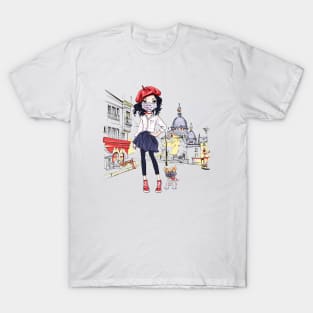 Girl in Paris walks a dog on quarantine T-Shirt